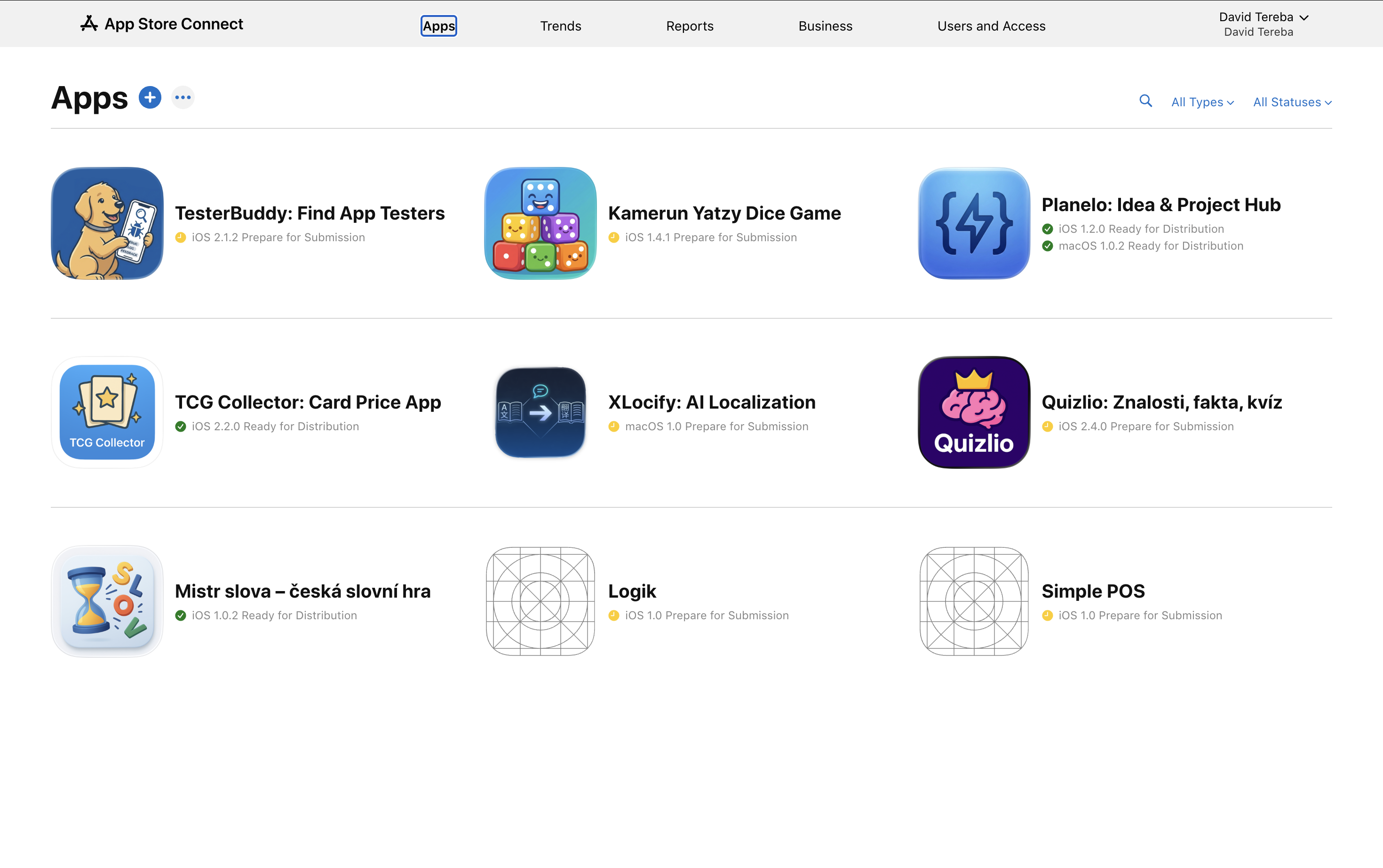 Step 1 in App Store Connect: app selection in Apps