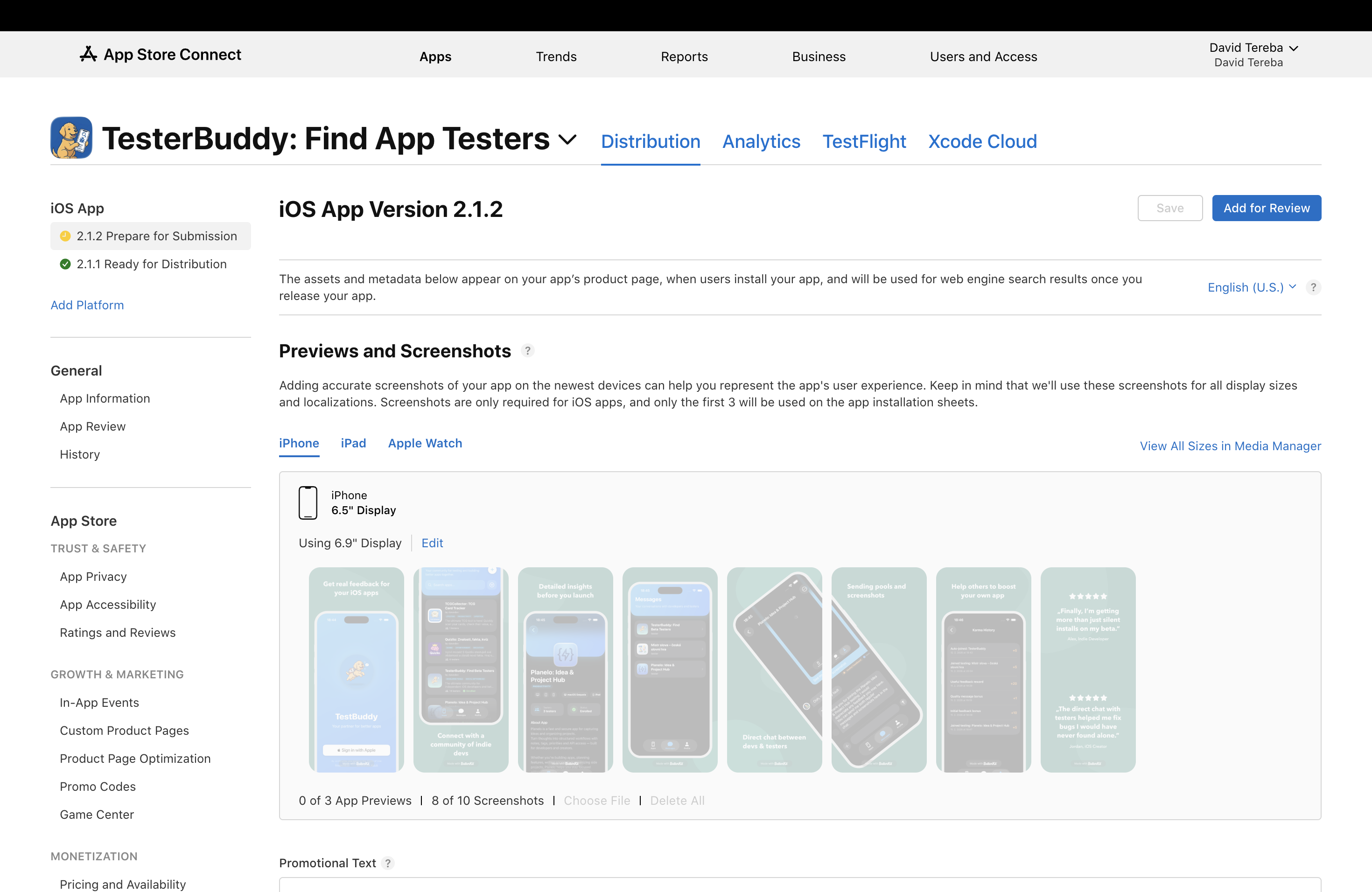 Step 2 in App Store Connect: app detail view