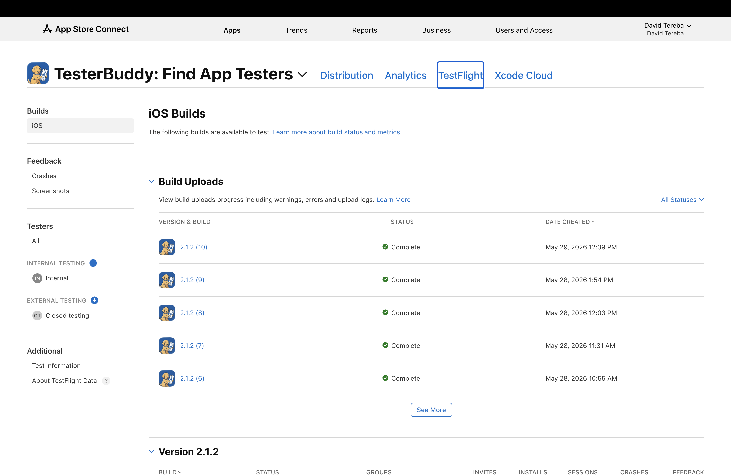 Step 3 in App Store Connect: TestFlight tab