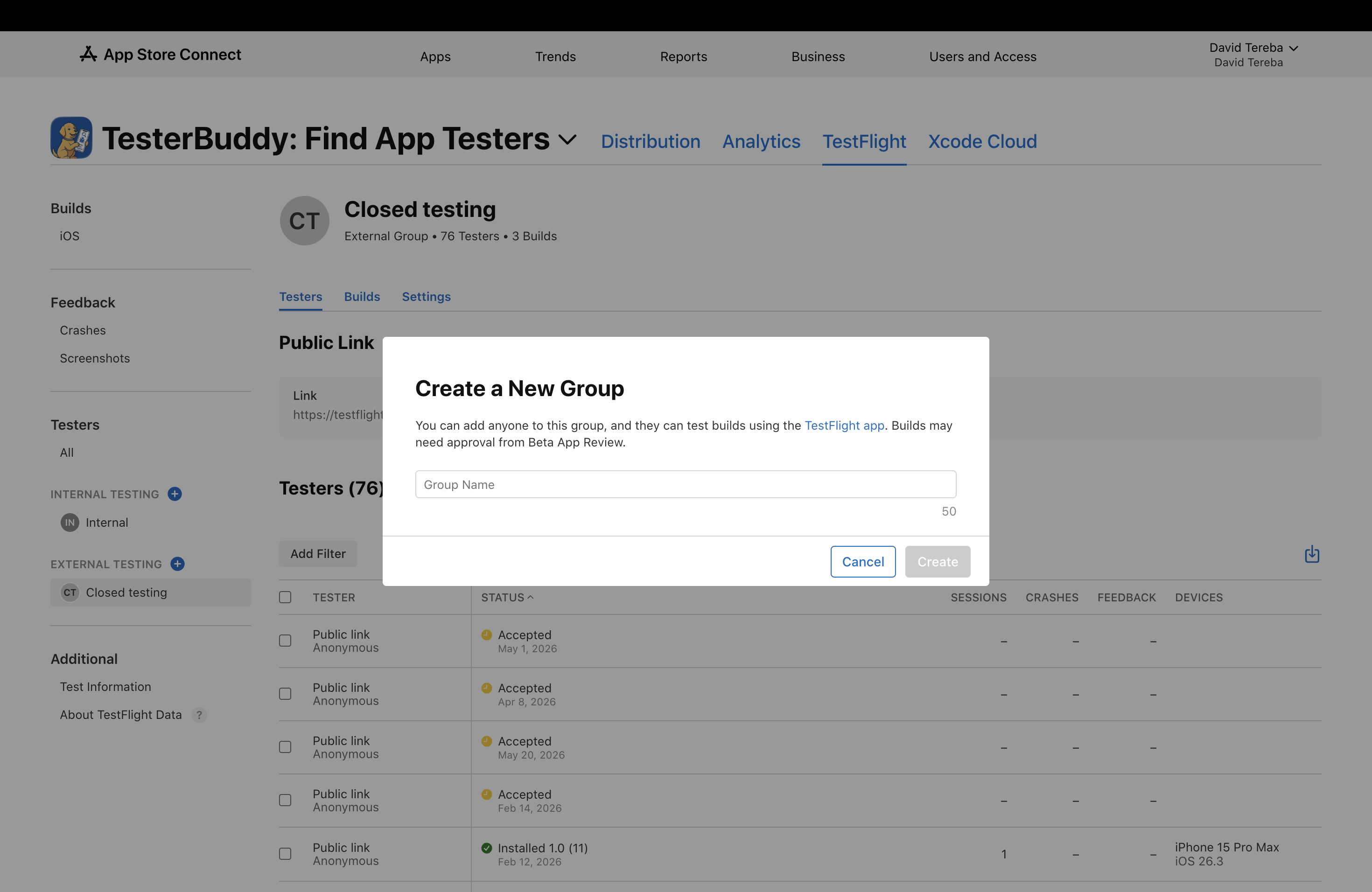 Step 4 in App Store Connect: creating a new external testing group