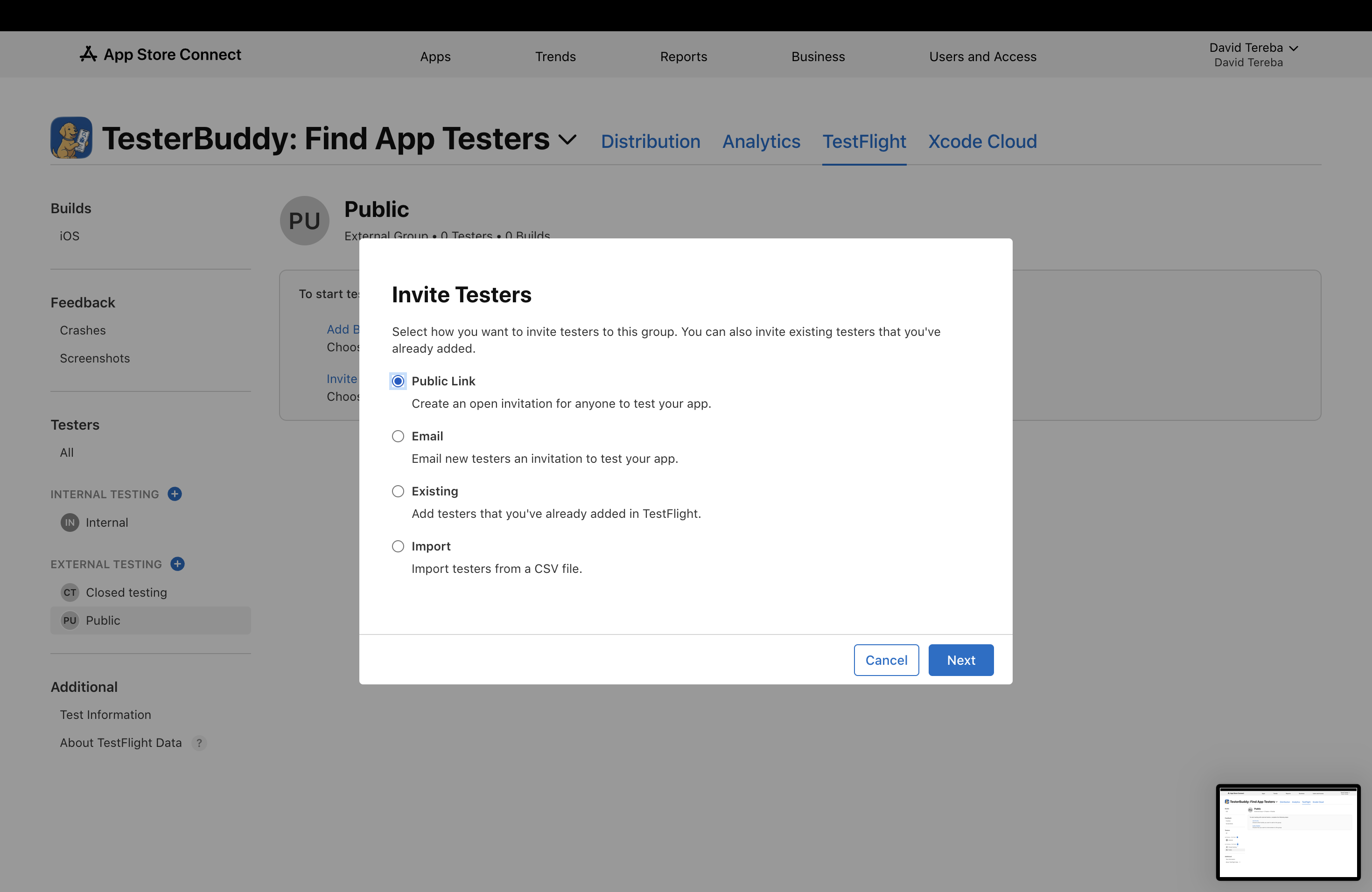 Step 6 in App Store Connect: inviting testers to the group