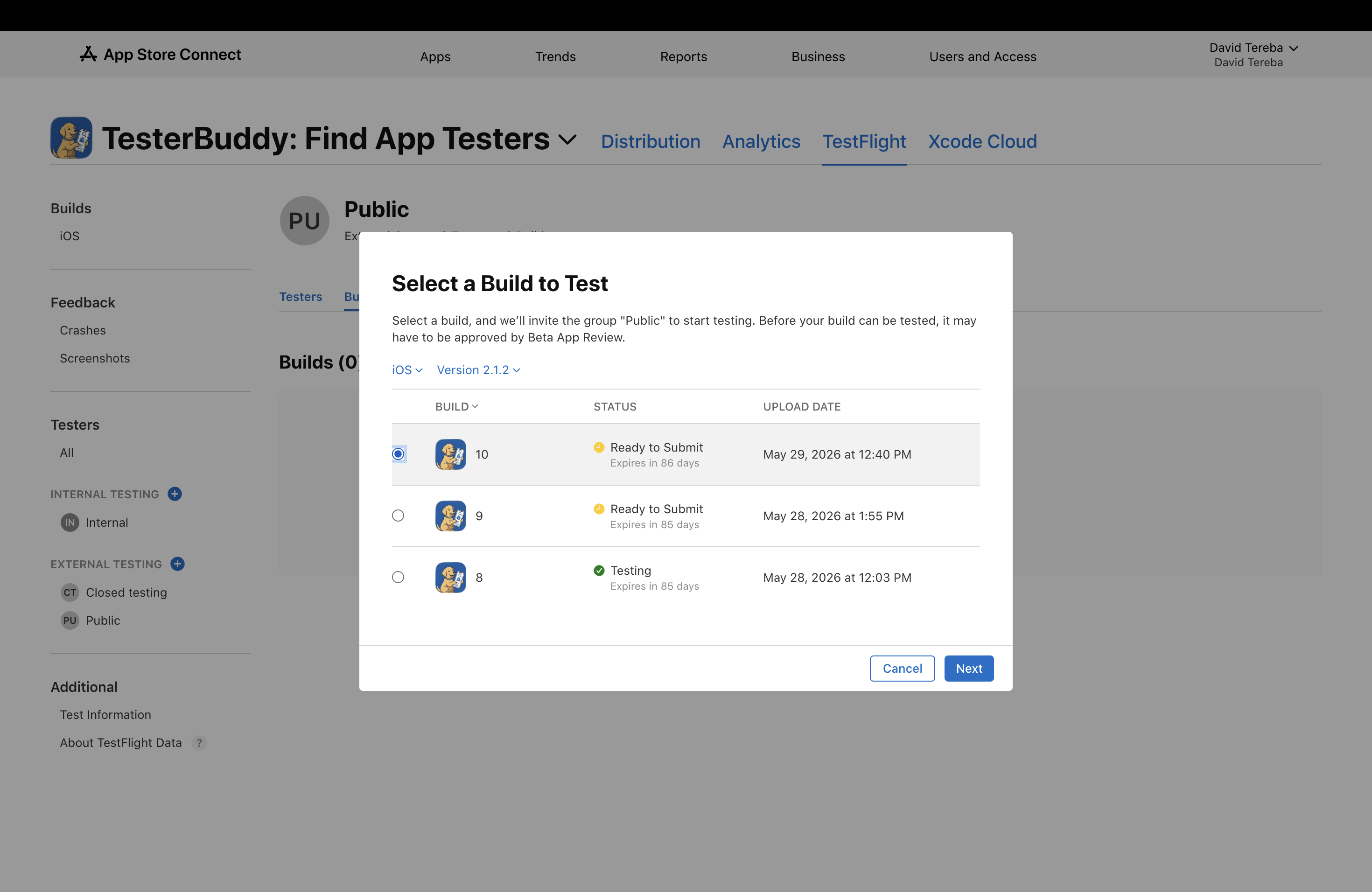 Step 9 in App Store Connect: selecting and assigning a build